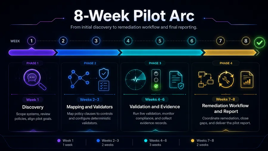 Eight-week pilot timeline.